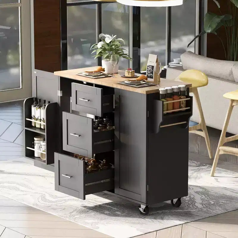 Isola da Cucina con Ruote e Contenitore – Piano in Legno di Gomma, 3 Cassetti e 2 Ripiani Estraibili