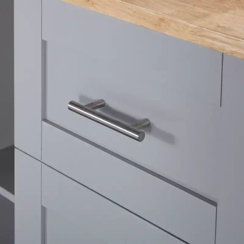 Isola da Cucina con Ruote e Contenitore – Piano in Legno di Gomma, 3 Cassetti e 2 Ripiani Estraibili