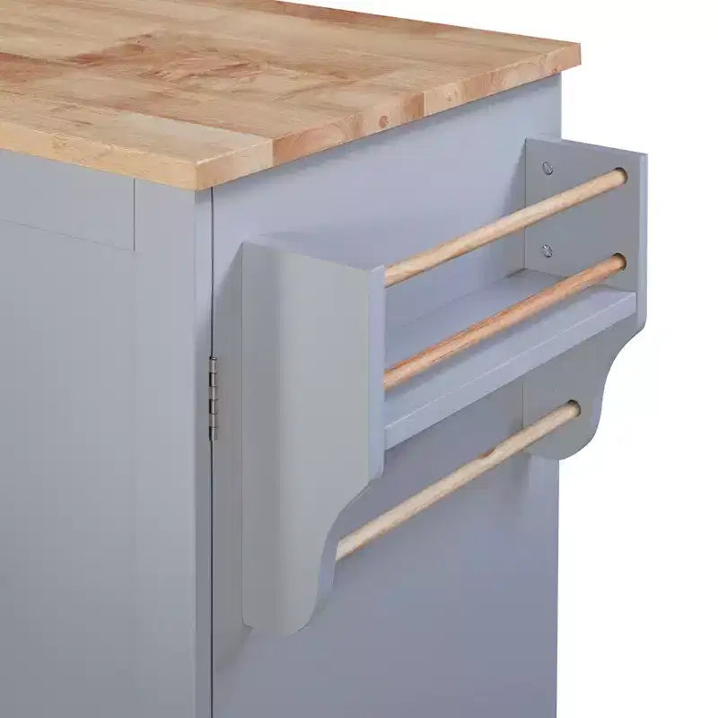 Isola da Cucina con Ruote e Contenitore – Piano in Legno di Gomma, 3 Cassetti e 2 Ripiani Estraibili