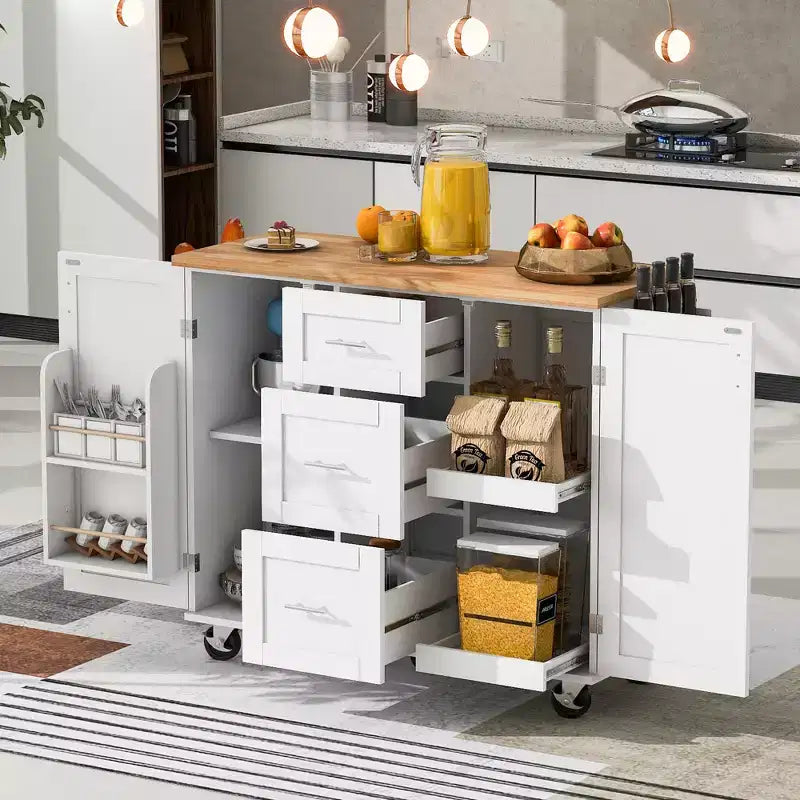 Isola da Cucina con Ruote e Contenitore – Piano in Legno di Gomma, 3 Cassetti e 2 Ripiani Estraibili