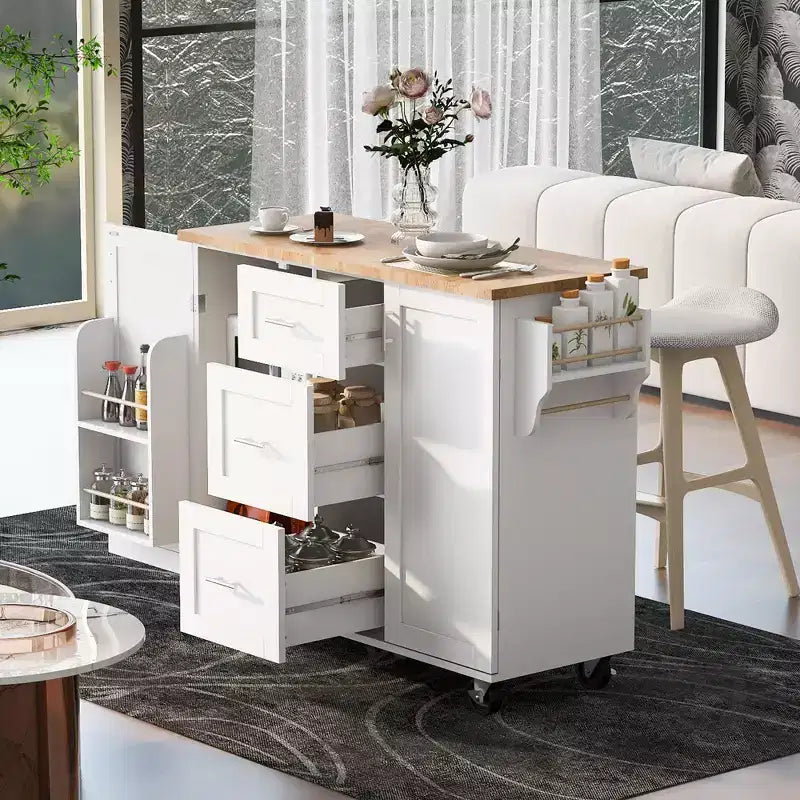 Isola da Cucina con Ruote e Contenitore – Piano in Legno di Gomma, 3 Cassetti e 2 Ripiani Estraibili