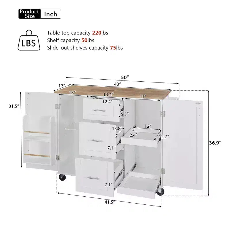 Isola da Cucina con Ruote e Contenitore – Piano in Legno di Gomma, 3 Cassetti e 2 Ripiani Estraibili