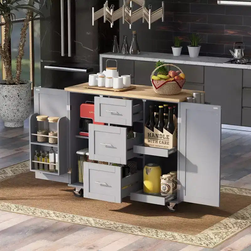 Isola da Cucina con Ruote e Contenitore – Piano in Legno di Gomma, 3 Cassetti e 2 Ripiani Estraibili
