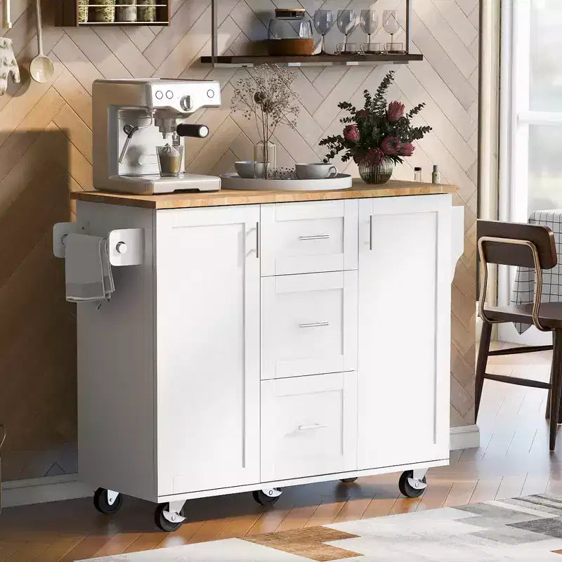 Isola da Cucina con Ruote e Contenitore – Piano in Legno di Gomma, 3 Cassetti e 2 Ripiani Estraibili
