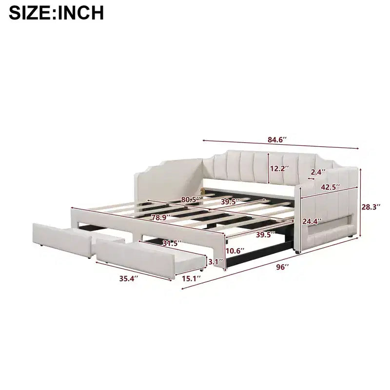 Divano letto singolo XL imbottito con 2 cassetti portaoggetti, estensibile a King