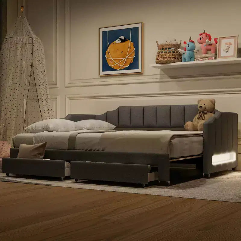 Divano letto singolo XL imbottito con 2 cassetti portaoggetti, estensibile a King