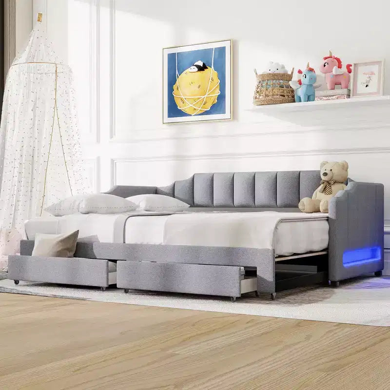 Divano letto singolo XL imbottito con 2 cassetti portaoggetti, estensibile a King