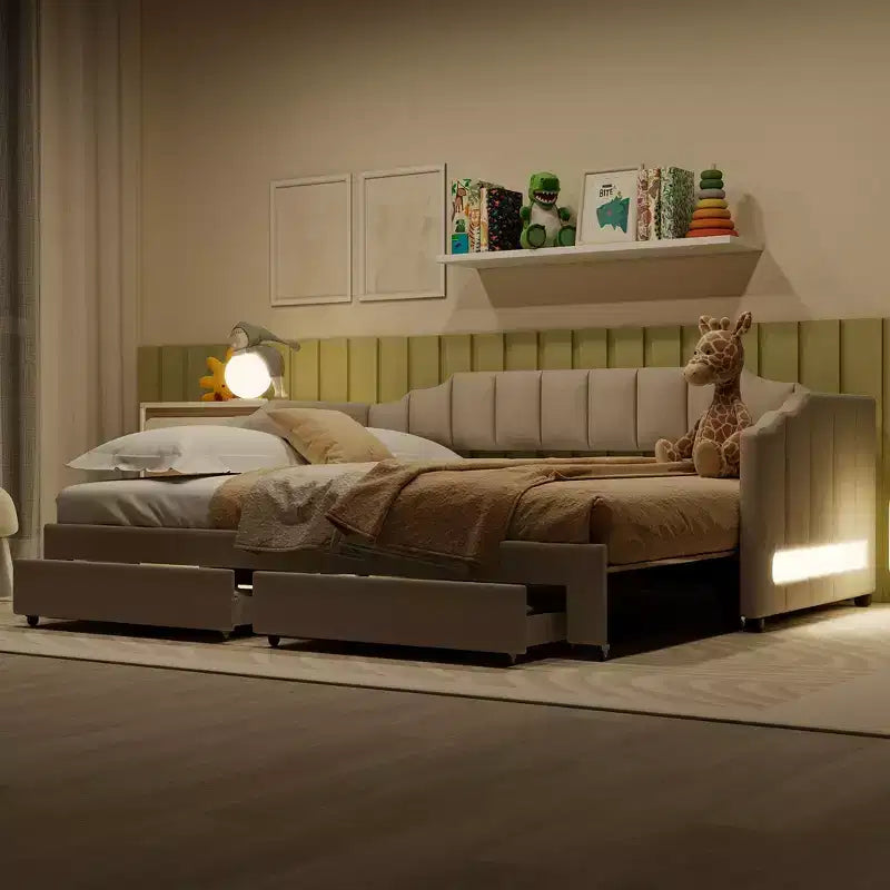 Divano letto singolo XL imbottito con 2 cassetti portaoggetti, estensibile a King