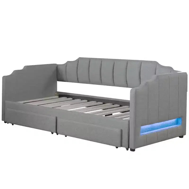Divano letto singolo XL imbottito con 2 cassetti portaoggetti, estensibile a King