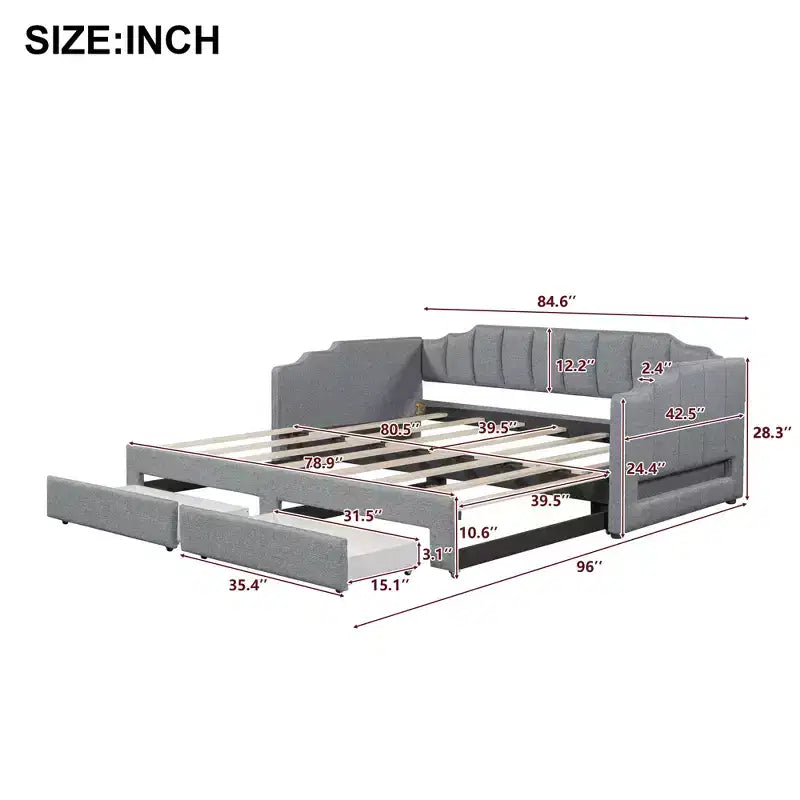 Divano letto singolo XL imbottito con 2 cassetti portaoggetti, estensibile a King