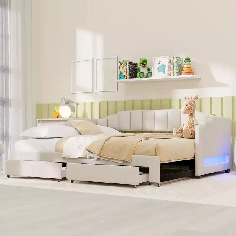 Divano letto singolo XL imbottito con 2 cassetti portaoggetti, estensibile a King