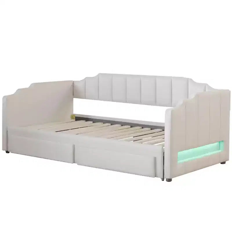 Divano letto singolo XL imbottito con 2 cassetti portaoggetti, estensibile a King
