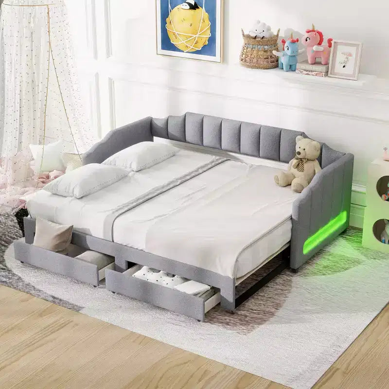 Divano letto singolo XL imbottito con 2 cassetti portaoggetti, estensibile a King