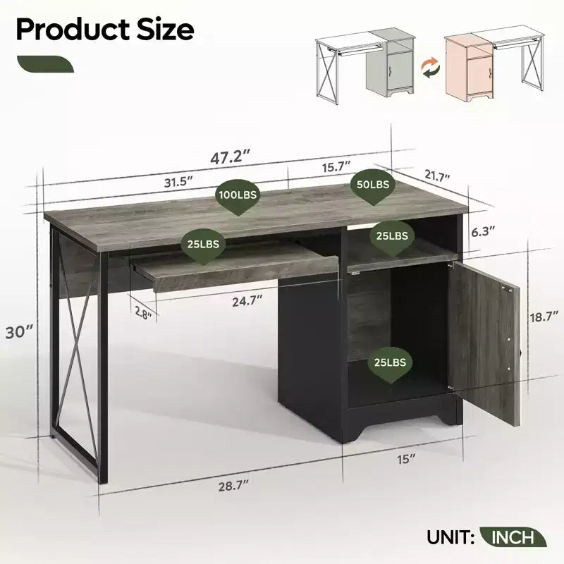 Bestier Scrivania da Computer 48" con Contenitore, Piccola Scrivania Direzionale con Mobiletto, Ripiano Aperto e Vassoio Tastiera per Ufficio Domestico e Studio
