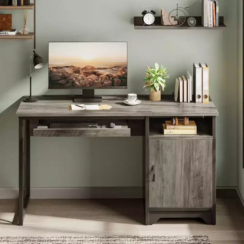 Bestier Scrivania da Computer 48" con Contenitore, Piccola Scrivania Direzionale con Mobiletto, Ripiano Aperto e Vassoio Tastiera per Ufficio Domestico e Studio
