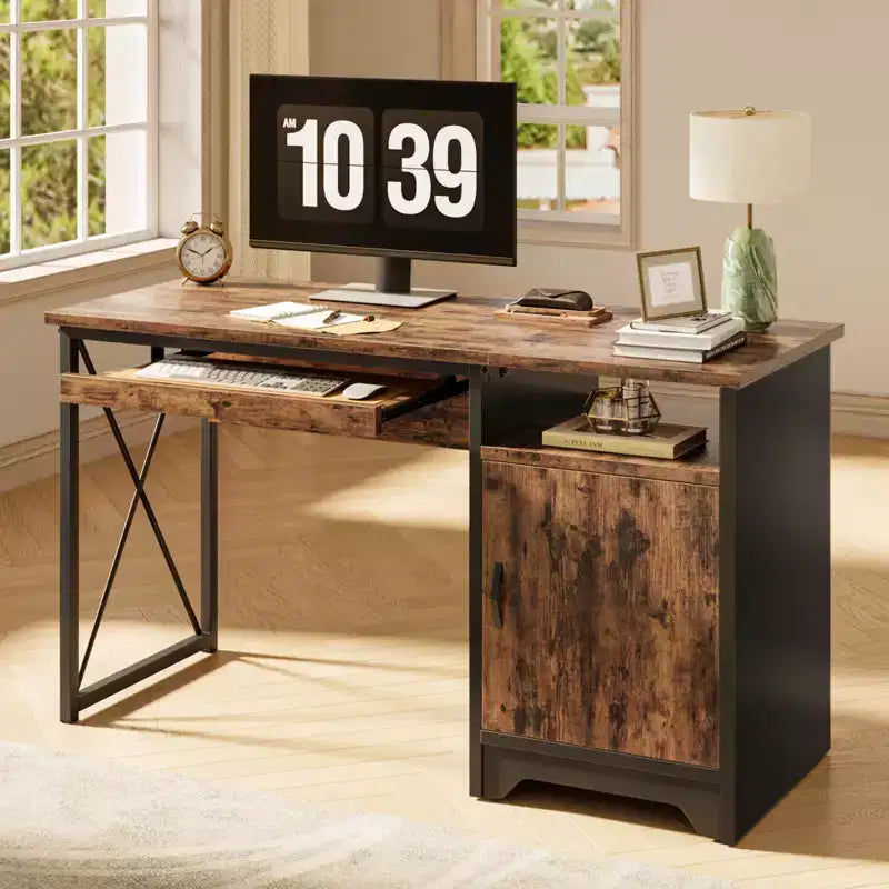 Bestier Scrivania da Computer 48" con Contenitore, Piccola Scrivania Direzionale con Mobiletto, Ripiano Aperto e Vassoio Tastiera per Ufficio Domestico e Studio