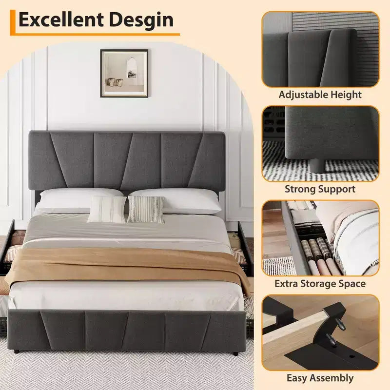 Letto King Size con Struttura, Letto a Piattaforma con Testiera Regolabile - 4 Cassetti Contenitori, Rivestimento in Velluto Trapuntato, Nessuna Rete a Molle Necessaria, Grigio