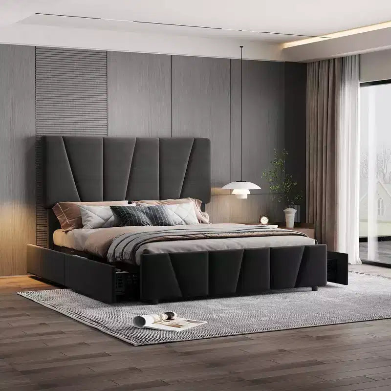 Letto King Size con Struttura, Letto a Piattaforma con Testiera Regolabile - 4 Cassetti Contenitori, Rivestimento in Velluto Trapuntato, Nessuna Rete a Molle Necessaria, Grigio