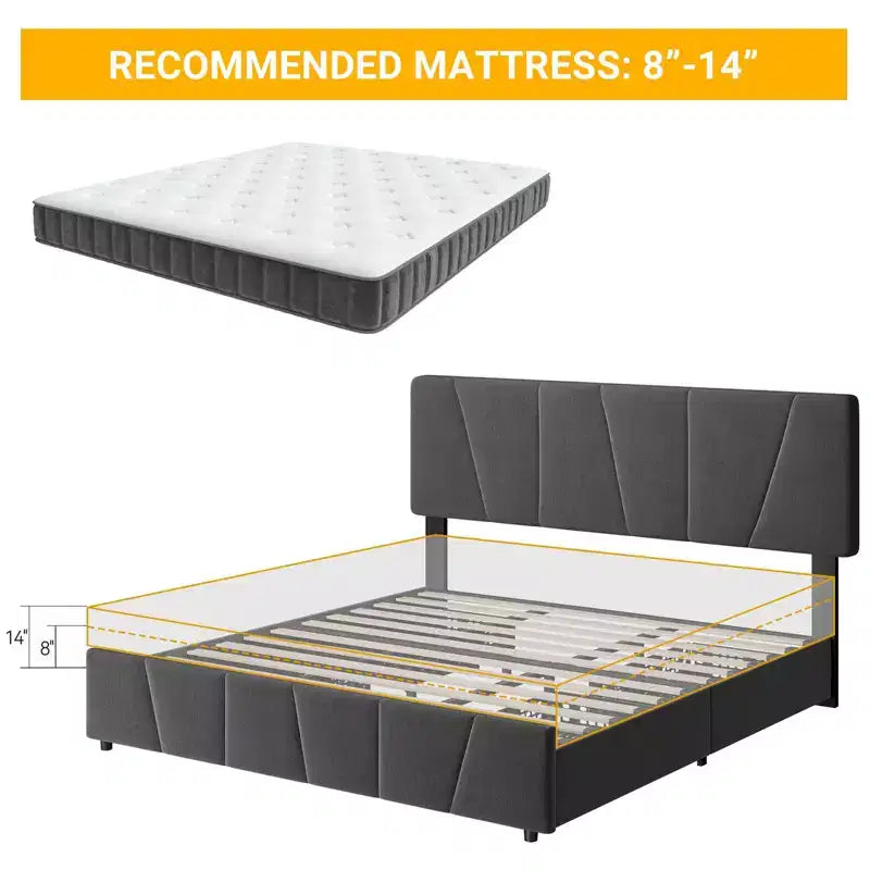 Letto King Size con Struttura, Letto a Piattaforma con Testiera Regolabile - 4 Cassetti Contenitori, Rivestimento in Velluto Trapuntato, Nessuna Rete a Molle Necessaria, Grigio