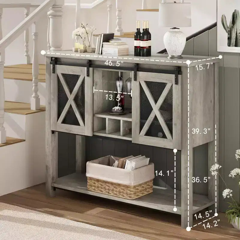 Mobile Bar con Porta Scorrevole a Fienile, Credenza Rustica da Cucina con Portabottiglie e Portabicchieri, Mobile Contenitore per Liquori per Sala da Pranzo, Grigio