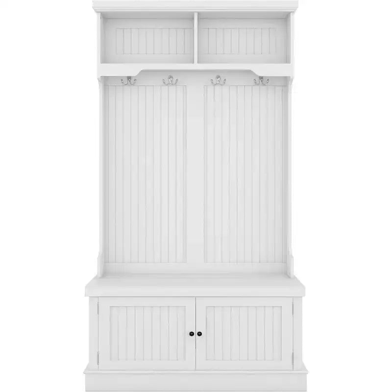 Albero da ingresso 4-in-1 con panca contenitore, appendiabiti, mensole espositive e armadietto – Bianco