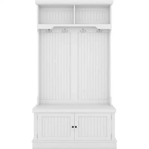 Albero da ingresso 4-in-1 con panca contenitore, appendiabiti, mensole espositive e armadietto – Bianco