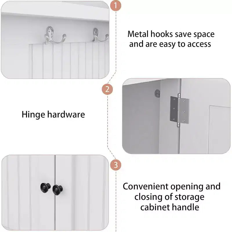 Albero da ingresso 4-in-1 con panca contenitore, appendiabiti, mensole espositive e armadietto – Bianco