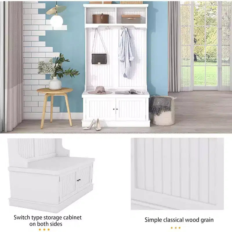 Albero da ingresso 4-in-1 con panca contenitore, appendiabiti, mensole espositive e armadietto – Bianco