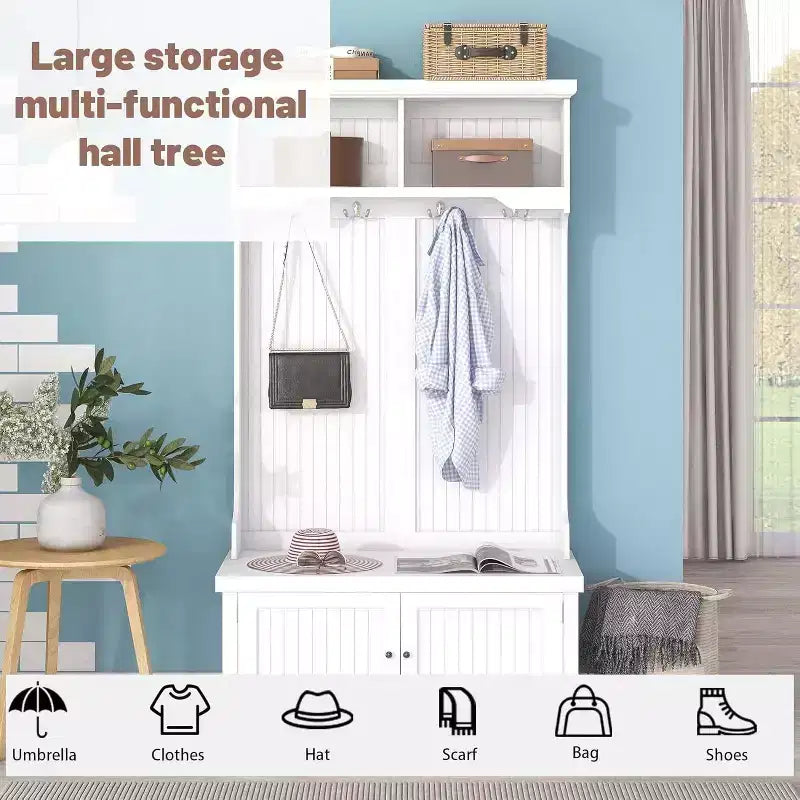 Albero da ingresso 4-in-1 con panca contenitore, appendiabiti, mensole espositive e armadietto – Bianco