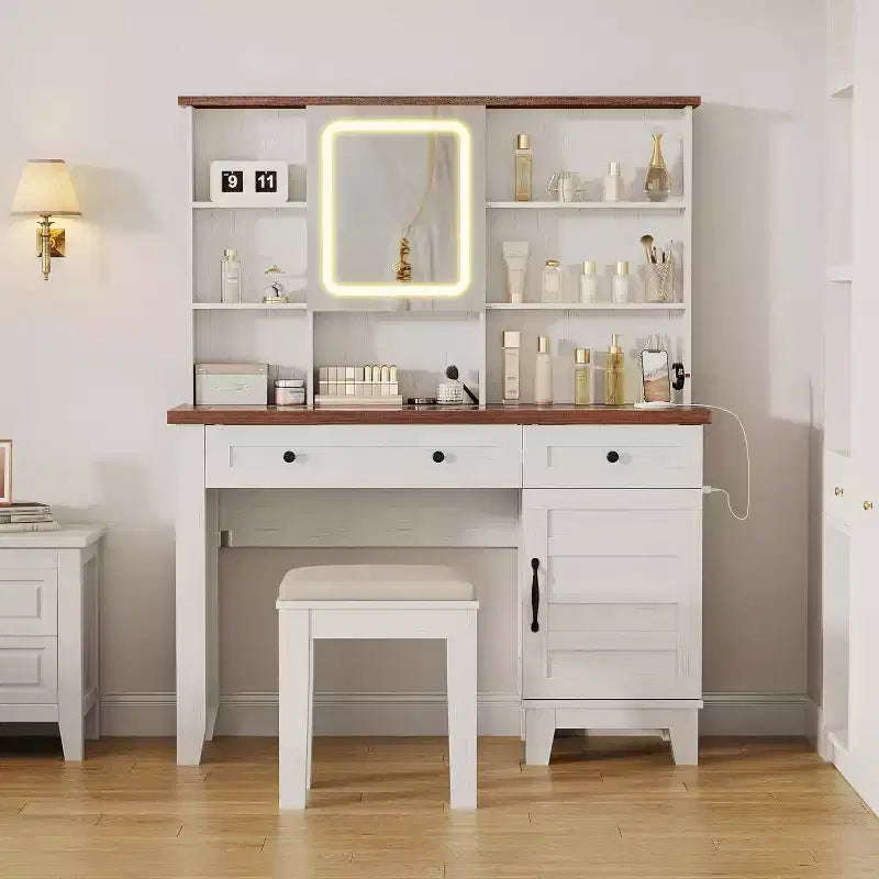 Toeletta con specchio, luci e contenitore – Piano in vetro da 42 pollici
