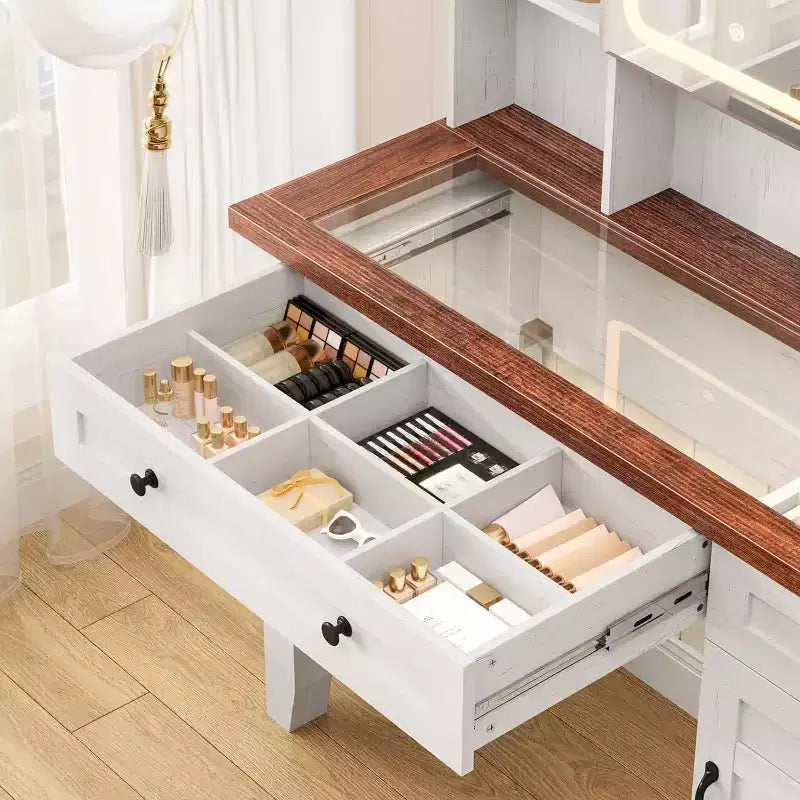 Toeletta con specchio, luci e contenitore – Piano in vetro da 42 pollici