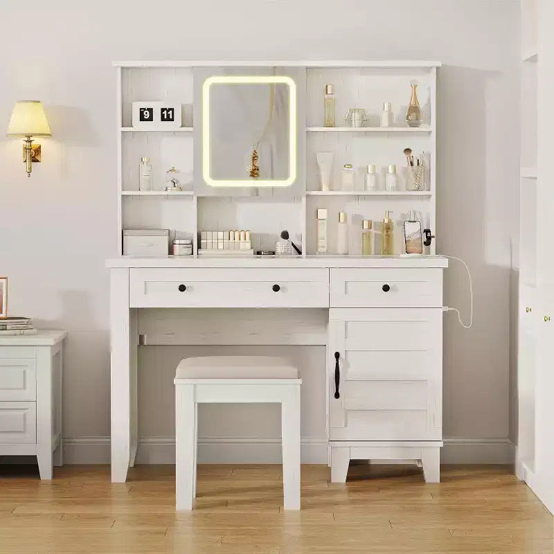 Toeletta con specchio, luci e contenitore – Piano in vetro da 42 pollici