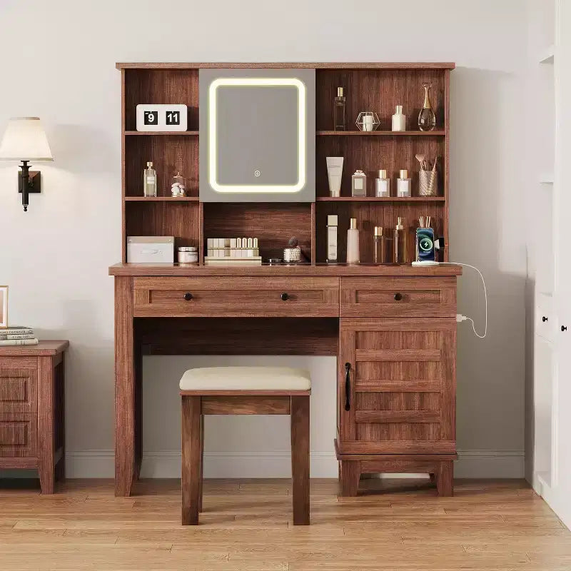Toeletta con specchio, luci e contenitore – Piano in vetro da 42 pollici