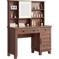 Makeup Vanity Desk, with Mirror and Lights, 42 Glass Top Vanity Table, Upholstered Stool, Drawers, Cabinet & Open Shelves, 2 Storage Drawers