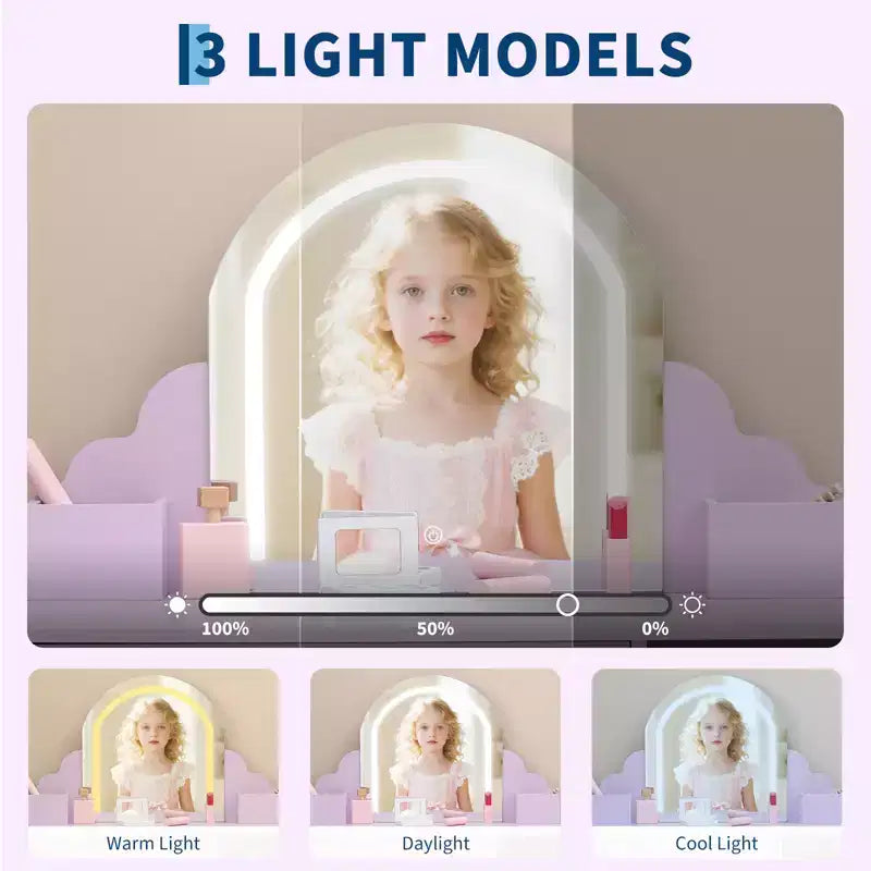 Tavolino da trucco per bambini con specchio illuminato e sgabello