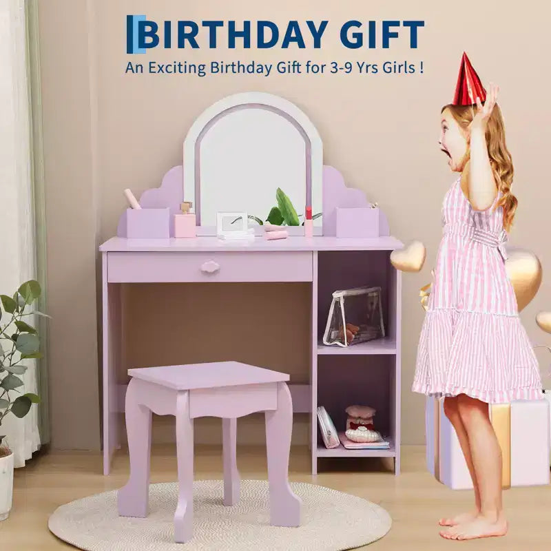 Tavolino da trucco per bambini con specchio illuminato e sgabello