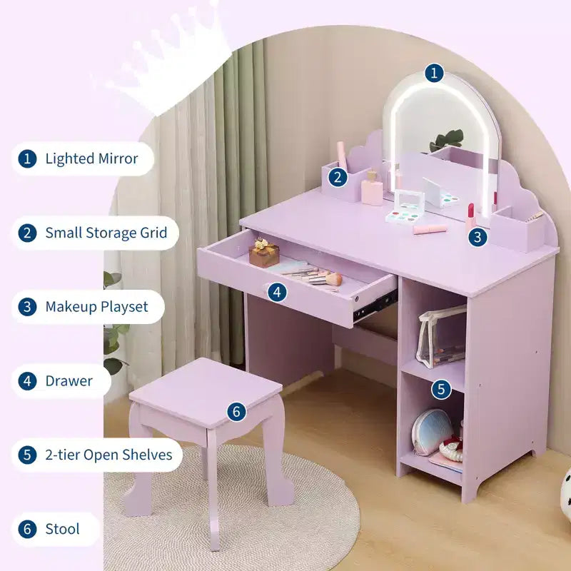 Tavolino da trucco per bambini con specchio illuminato e sgabello