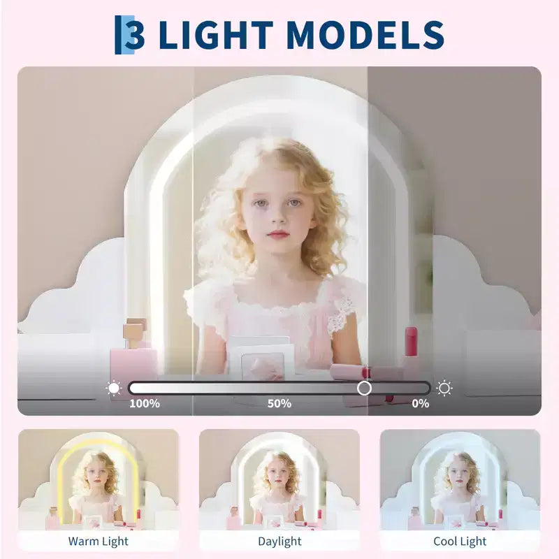 Tavolino da trucco per bambini con specchio illuminato e sgabello