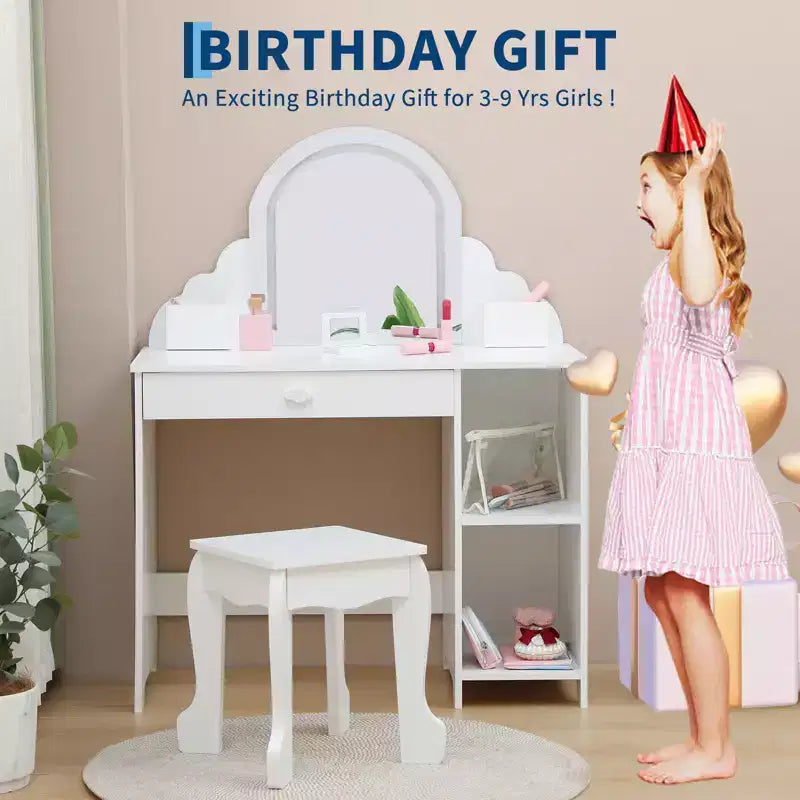 Tavolino da trucco per bambini con specchio illuminato e sgabello