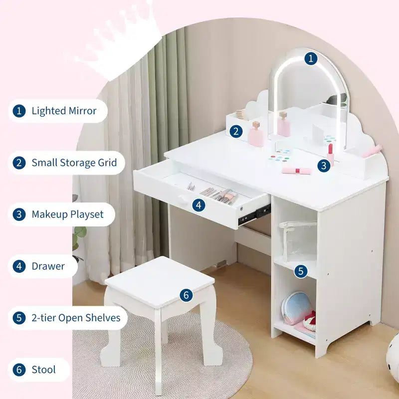 Tavolino da trucco per bambini con specchio illuminato e sgabello