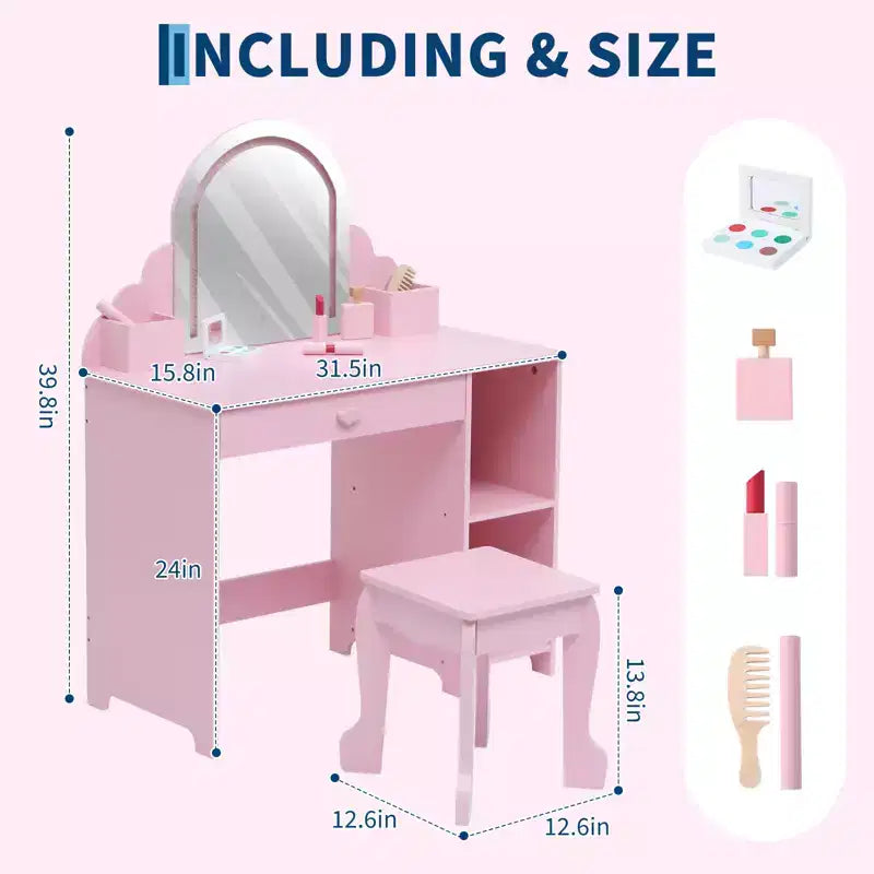 Tavolino da trucco per bambini con specchio illuminato e sgabello