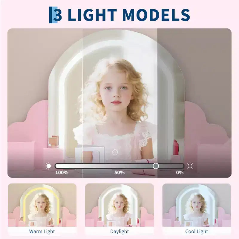 Tavolino da trucco per bambini con specchio illuminato e sgabello