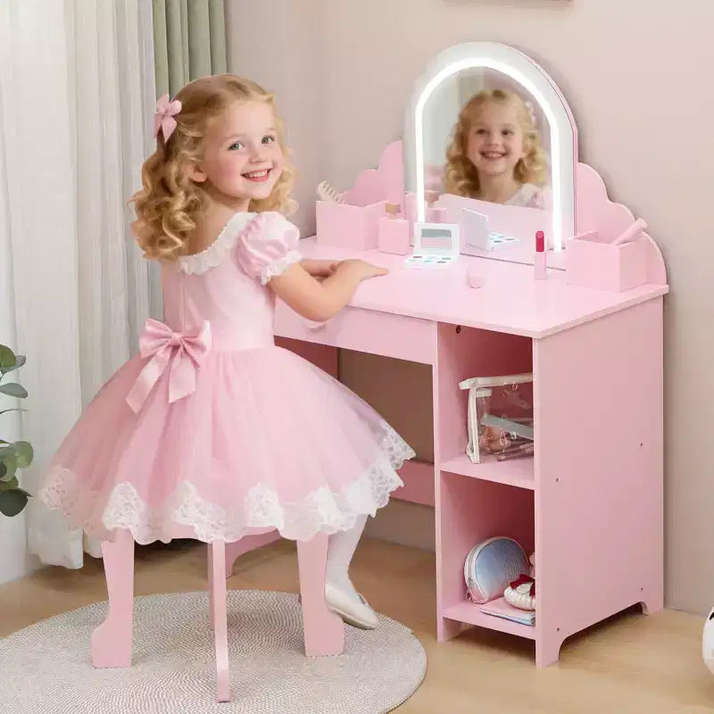 Tavolino da trucco per bambini con specchio illuminato e sgabello