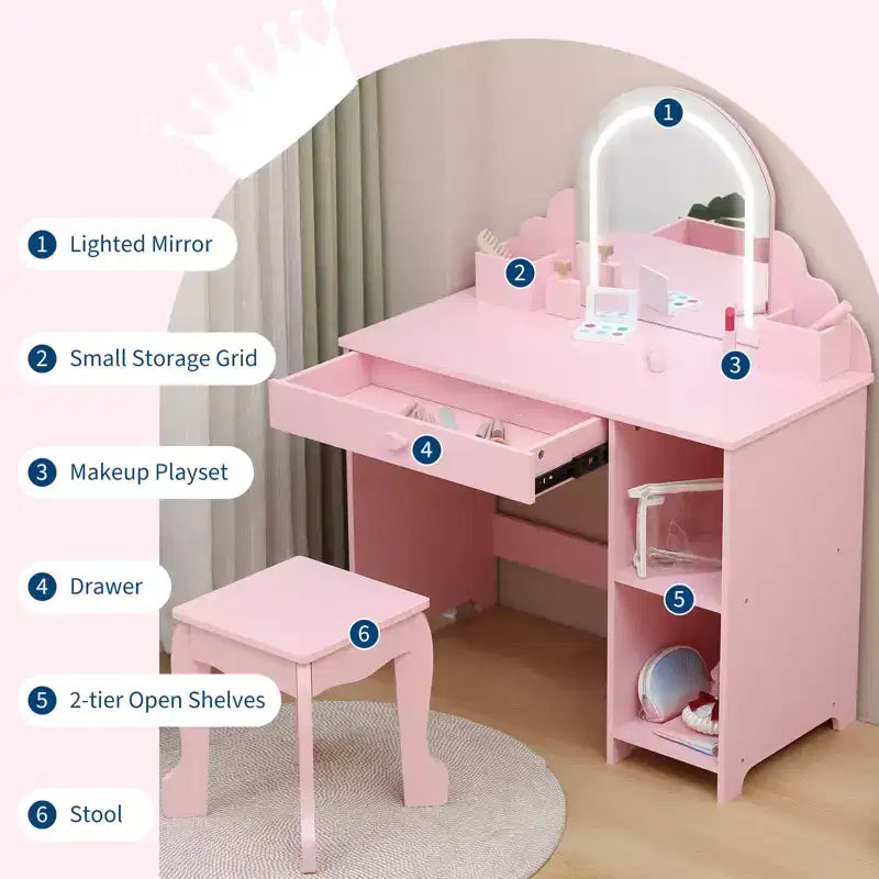 Tavolino da trucco per bambini con specchio illuminato e sgabello