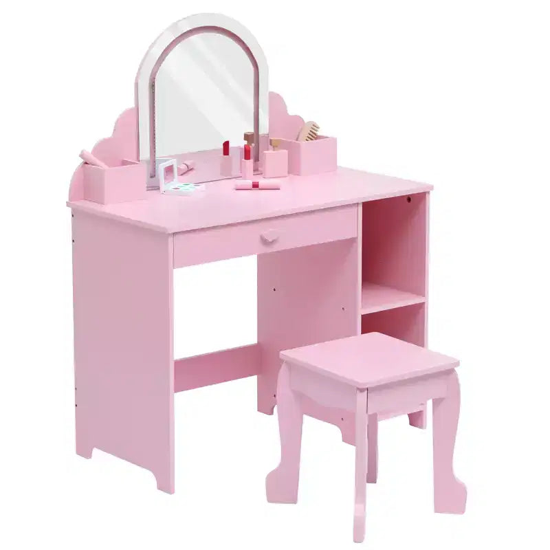 Kids Vanity with Lighted Mirror & Stool, with Drawer & Open Shelves, 2 in 1 Little Girls Vanity Table for 3-9 Yrs Girls