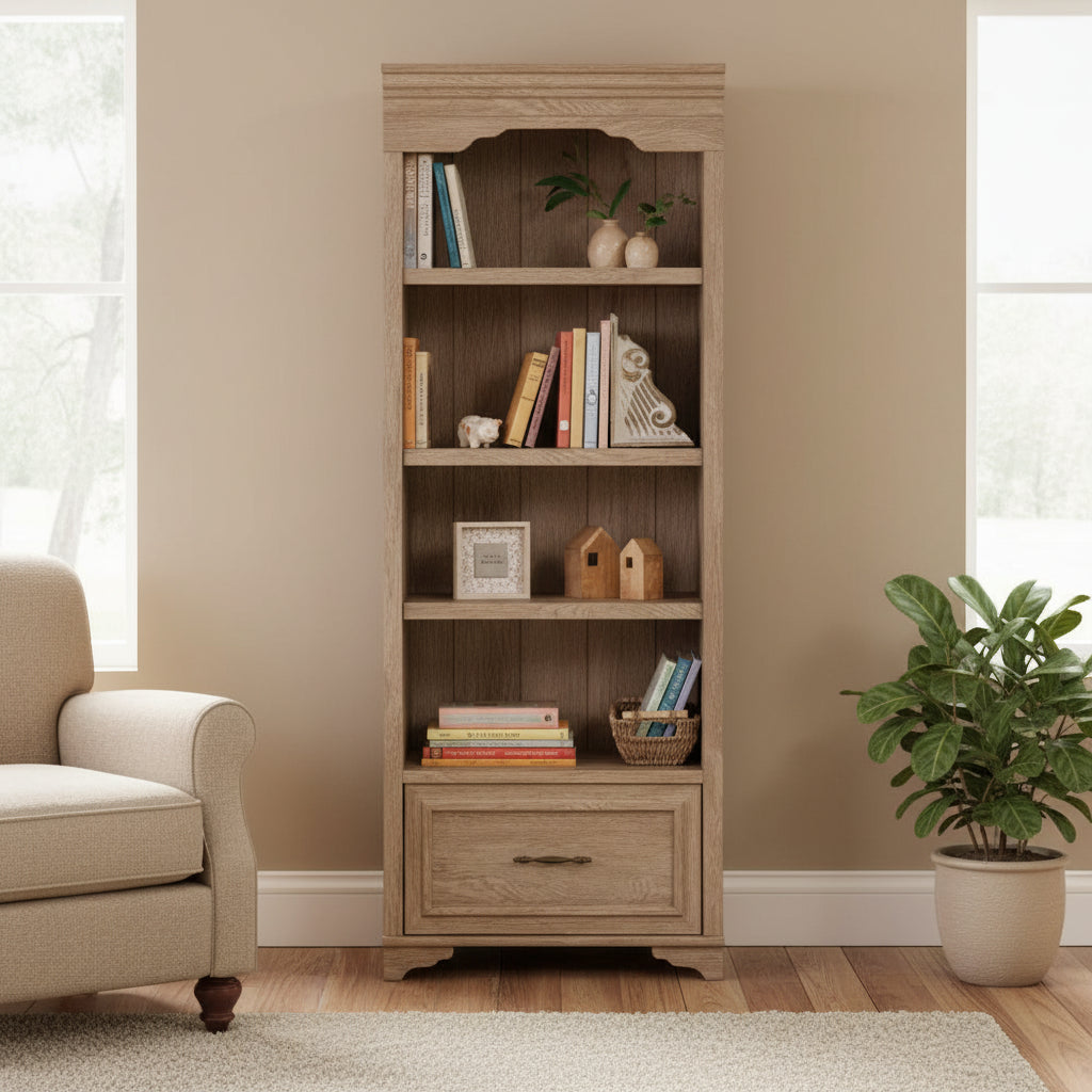 Okak Farmhouse Bookshelf, Display Shelves with 1 Drawer and 4 Open Shelves, Freestanding Storage Organizer for Living Room, Office, Brown