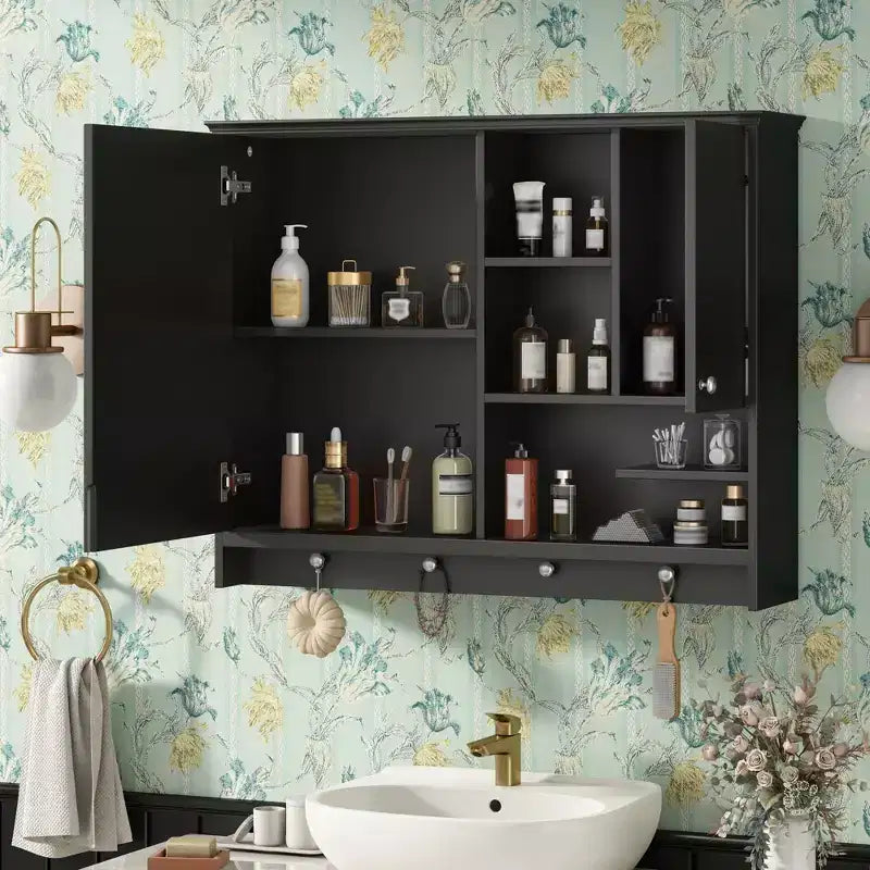 Mobiletto da bagno a parete con specchio, ripiani regolabili, anta e ganci portasciugamani