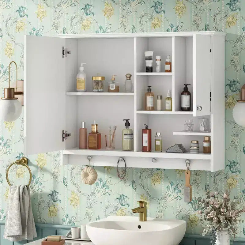 Mobiletto da bagno a parete con specchio, ripiani regolabili, anta e ganci portasciugamani