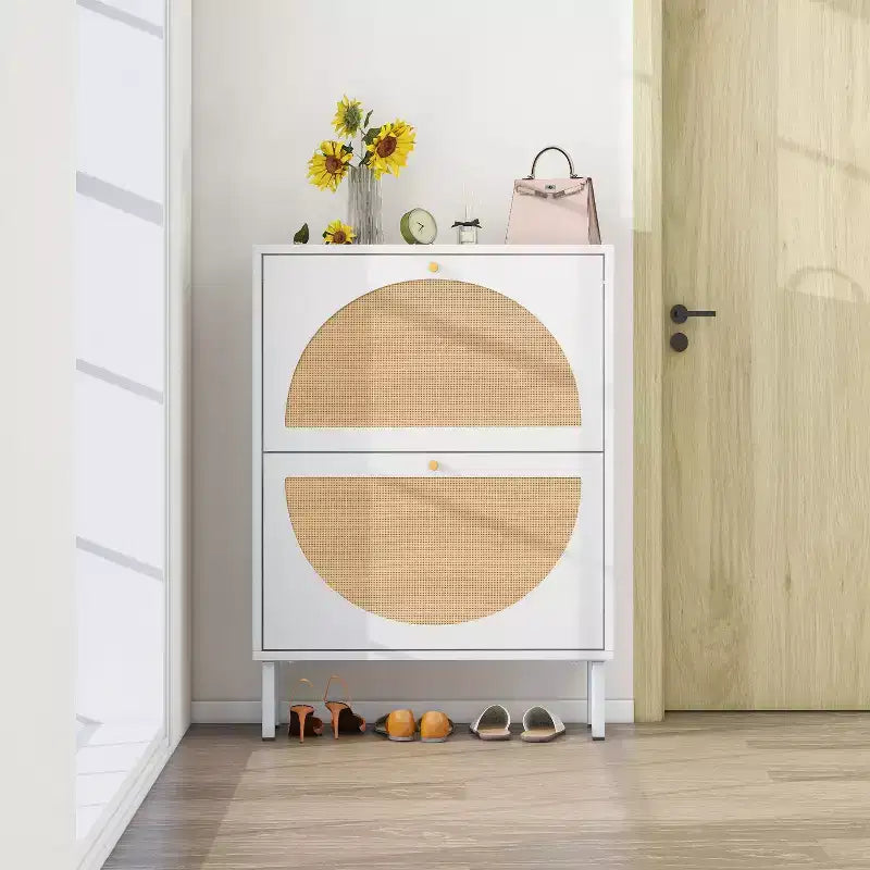 GDFStudio Bexley Modern Shoe Rack with 2 Rattan Door and Metal Base