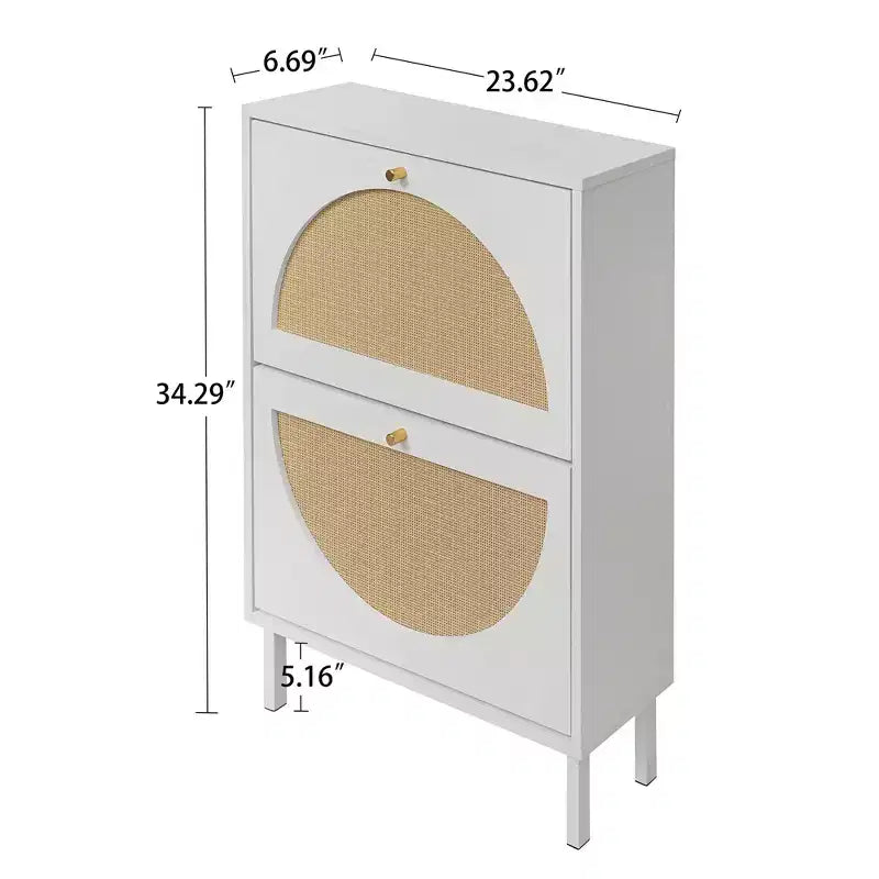 Scarpiera moderna con ante in rattan e base in metallo